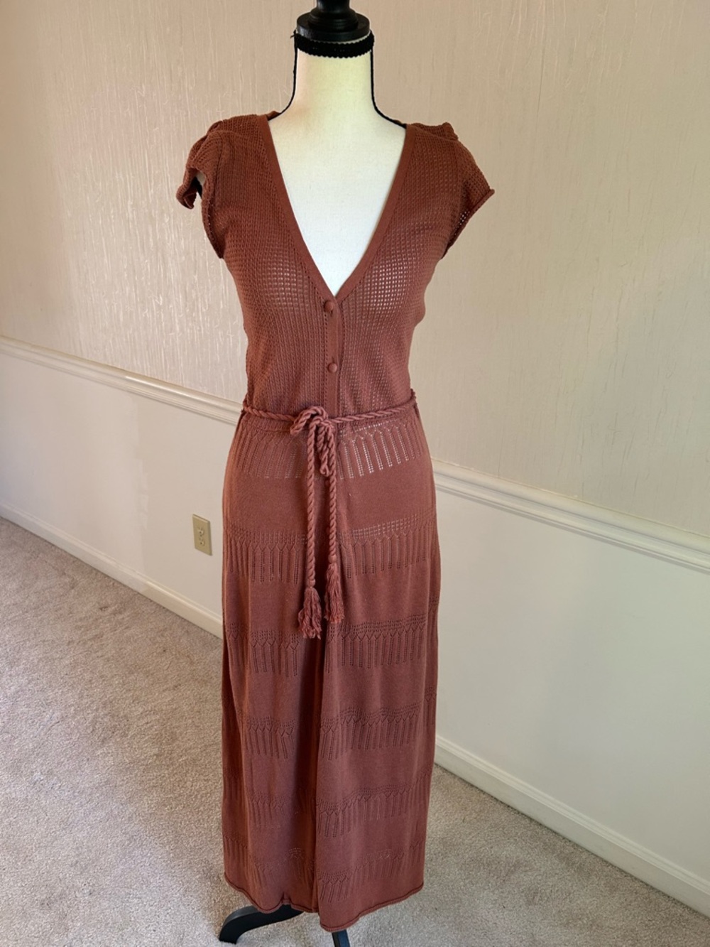 Sessùn Dress Small Rust Knit Maxi Boho Tie Waist French Designer Cotton